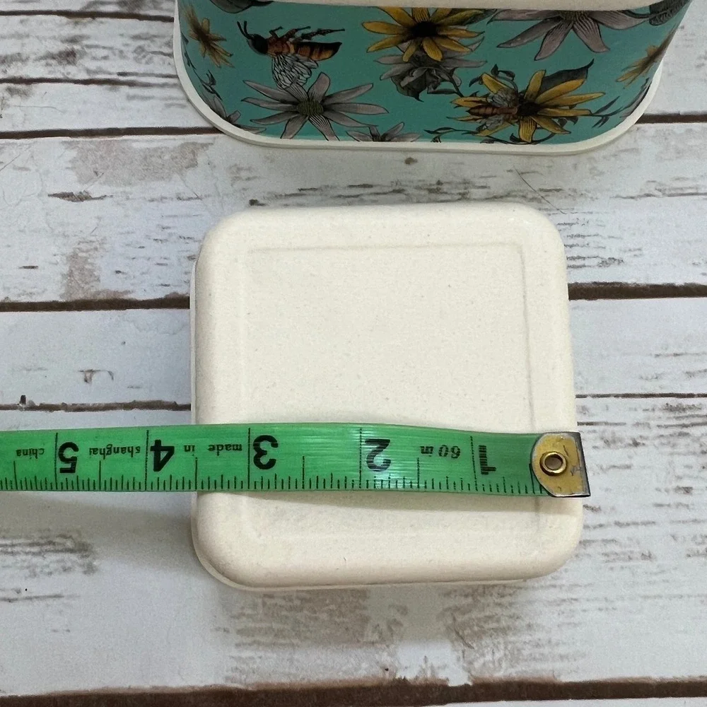 Bamboo‎ Fiber Nesting Bowls Teal Floral Bee Leaf Print Set of 2 S/M